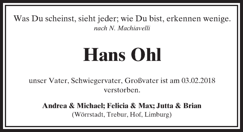  Traueranzeige für Hans Ohl vom 10.02.2018 aus Trauerportal Rhein Main Presse