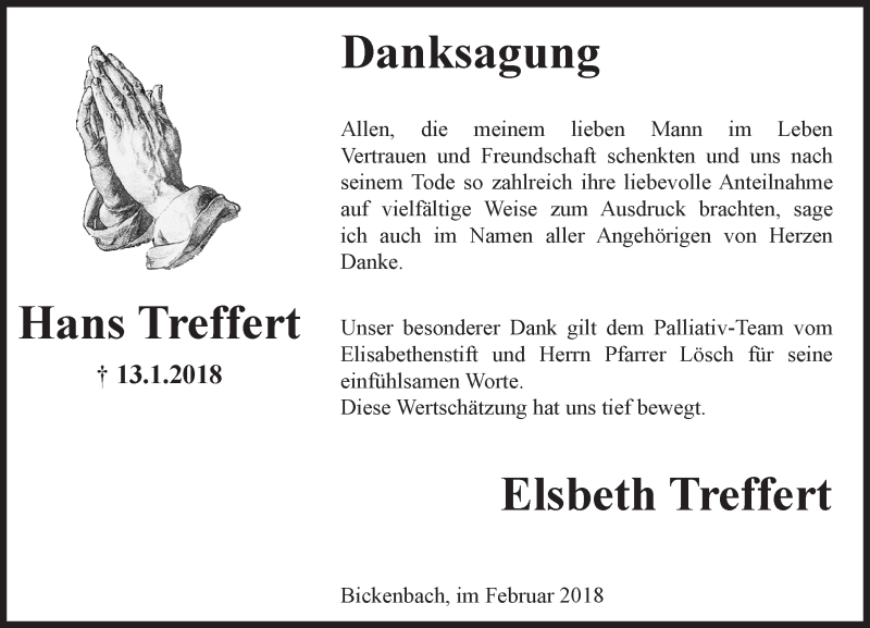  Traueranzeige für Hans Treffert vom 10.02.2018 aus Trauerportal Rhein Main Presse