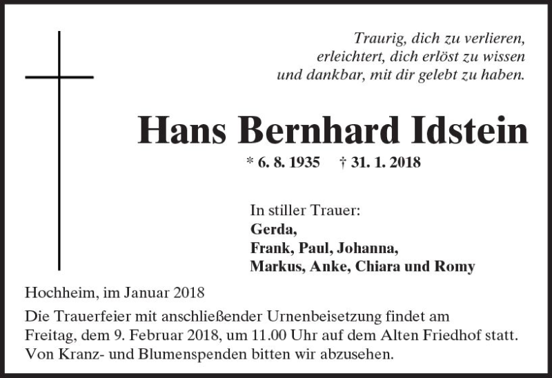  Traueranzeige für Hans Bernhard Idstein vom 02.02.2018 aus Trauerportal Rhein Main Presse