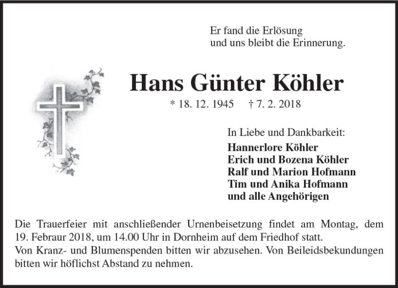  Traueranzeige für Hans Günter Köhler vom 17.02.2018 aus Trauerportal Rhein Main Presse