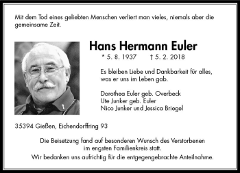 Traueranzeige von Hans Hermann Euler von  Gießener Anzeiger