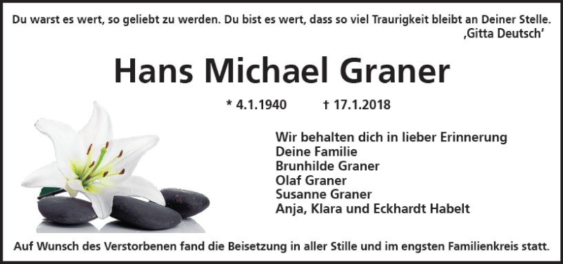  Traueranzeige für Hans Michael Graner vom 03.02.2018 aus Trauerportal Rhein Main Presse