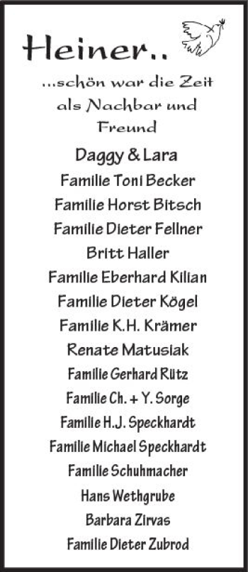 Traueranzeige von Heiner  von Trauerportal Rhein Main Presse