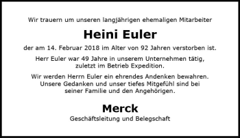 Traueranzeige von Heini Euler von Trauerportal Rhein Main Presse