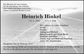 Traueranzeige von Heinrich Hinkel von  Kreisanzeiger