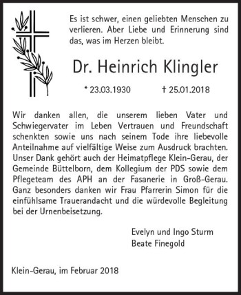 Traueranzeige von Heinrich Klingler von Trauerportal Rhein Main Presse