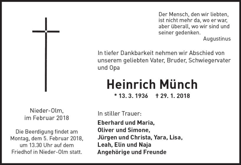  Traueranzeige für Heinrich Münch vom 01.02.2018 aus Trauerportal Rhein Main Presse
