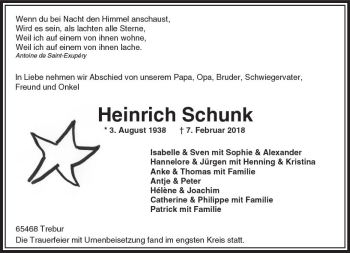 Traueranzeige von Heinrich Schunk von Trauerportal Rhein Main Presse
