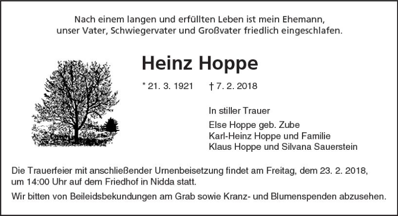  Traueranzeige für Heinz Hoppe vom 17.02.2018 aus  Kreisanzeiger