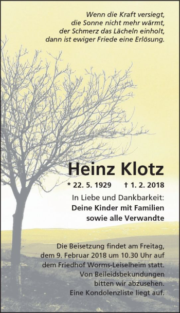 Traueranzeige von Heinz Klotz von Trauerportal Rhein Main Presse