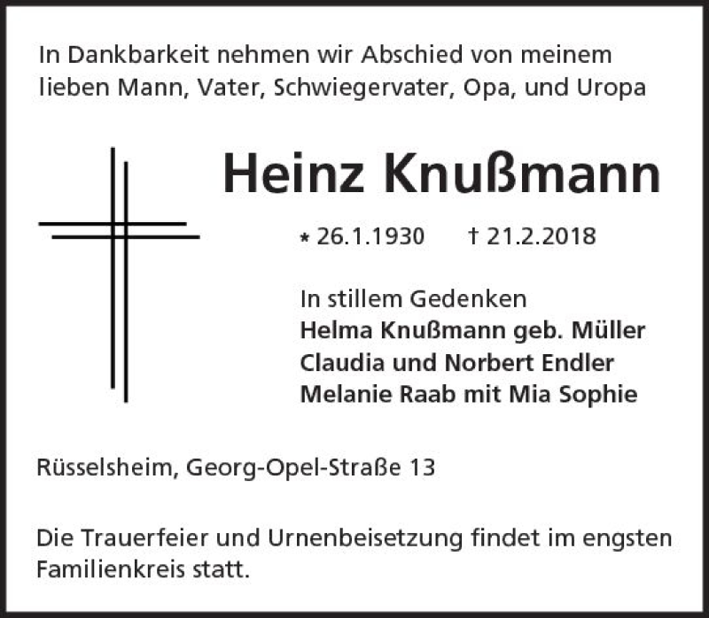  Traueranzeige für Heinz Knußmann vom 24.02.2018 aus Trauerportal Rhein Main Presse