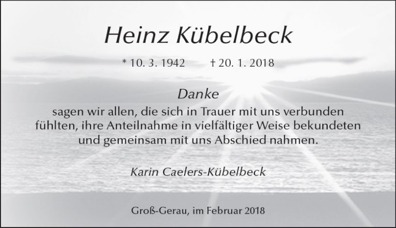 Traueranzeige für Heinz Kübelbeck vom 03.02.2018 aus Trauerportal Rhein Main Presse