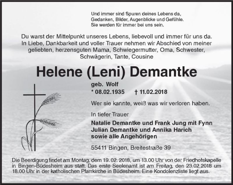  Traueranzeige für Helene Demantke vom 17.02.2018 aus Trauerportal Rhein Main Presse