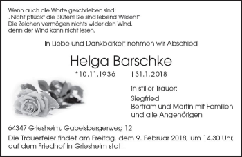 Traueranzeige von Helga Barschke von Trauerportal Rhein Main Presse