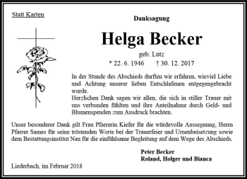 Traueranzeige von Helga Becker von VRM Trauer