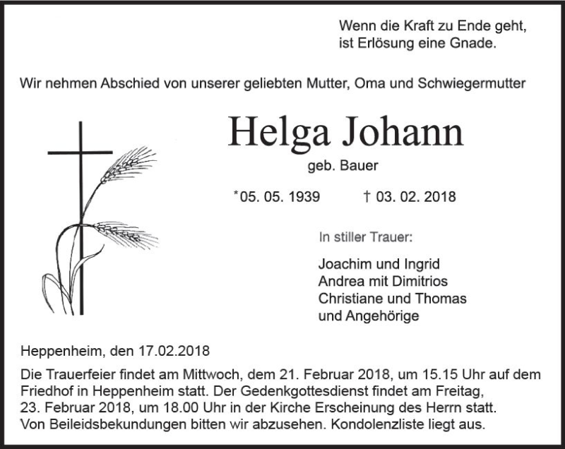  Traueranzeige für Helga Johann vom 17.02.2018 aus Trauerportal Rhein Main Presse