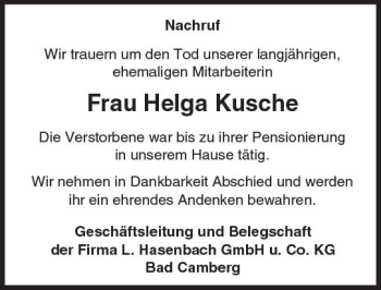 Traueranzeige von Helga Kusche von  Camberger Anzeiger