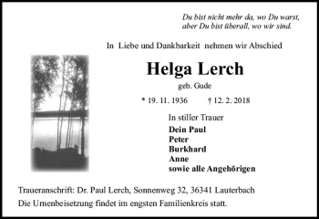 Traueranzeige von Helga Lerch von VRM Trauer