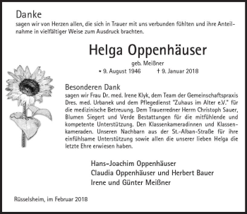 Traueranzeige von Helga Oppenhäuser von Trauerportal Rhein Main Presse