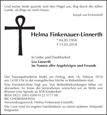 Traueranzeige von Helma Finkenauer-Linnerth von Trauerportal Rhein Main Presse