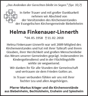 Traueranzeige von Helma Finkenauer-Linnerth von Trauerportal Rhein Main Presse