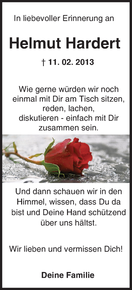  Traueranzeige für Helmut Hardert vom 10.02.2018 aus Trauerportal Rhein Main Presse