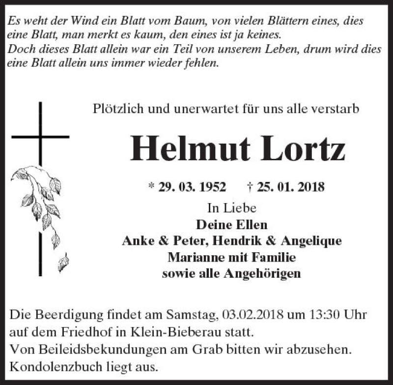  Traueranzeige für Helmut Lortz vom 01.02.2018 aus Trauerportal Rhein Main Presse