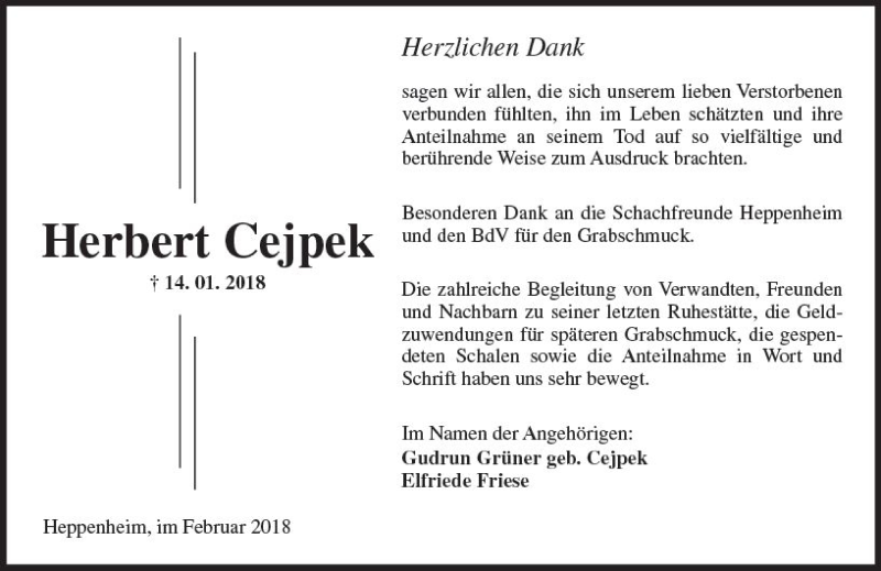  Traueranzeige für Herbert Cejpek vom 03.02.2018 aus Trauerportal Rhein Main Presse