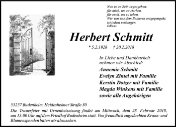 Traueranzeige von Herbert Schmitt von Trauerportal Rhein Main Presse