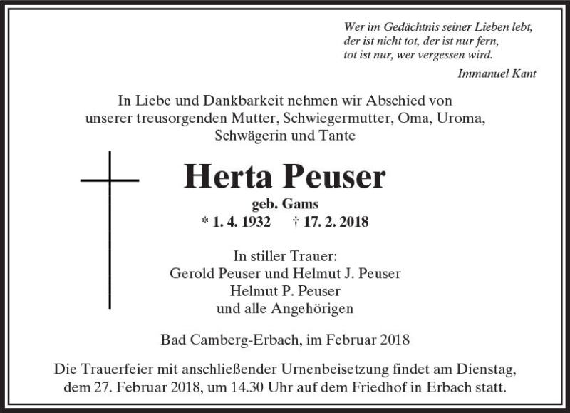  Traueranzeige für Herta Peuser vom 22.02.2018 aus  Camberger Anzeiger