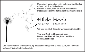 Traueranzeige von Hilde Beck von  Kreisanzeiger