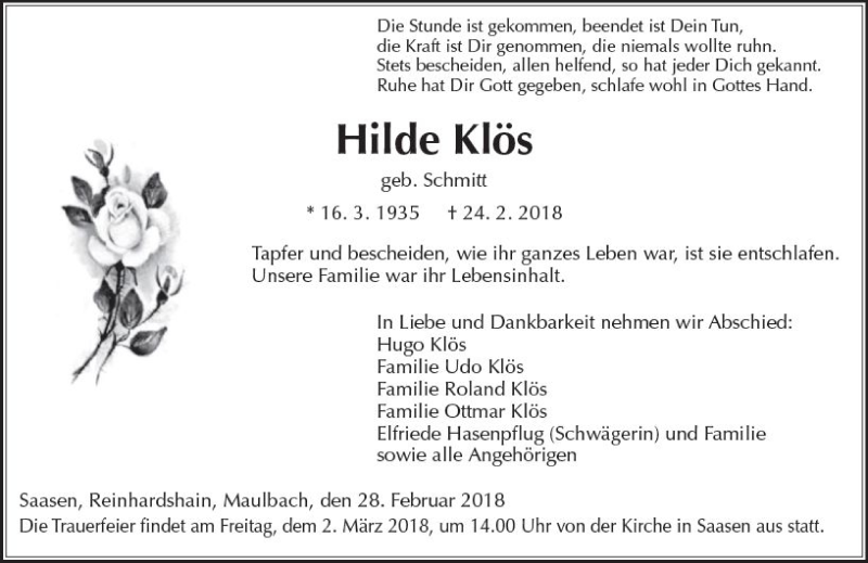  Traueranzeige für Hilde Klös vom 28.02.2018 aus  Gießener Anzeiger