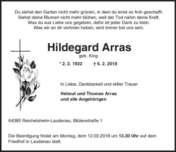 Traueranzeige von Hildegard Arras von Trauerportal Rhein Main Presse