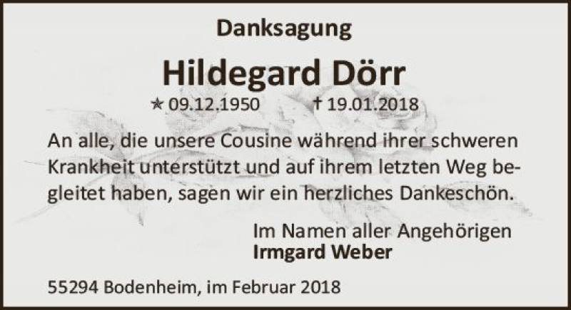  Traueranzeige für Hildegard Dörr vom 17.02.2018 aus Trauerportal Rhein Main Presse