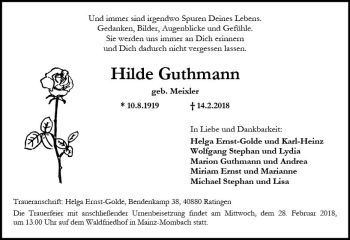 Traueranzeige von Hildegard Guthmann von Trauerportal Rhein Main Presse