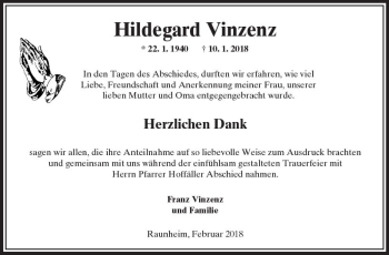 Traueranzeige von Hildegard Vinzenz von Trauerportal Rhein Main Presse