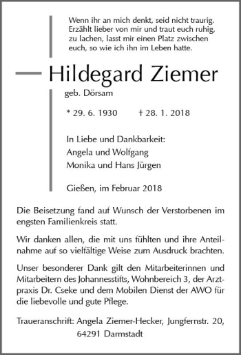 Traueranzeige von Hildegard Ziemer von  Gießener Anzeiger