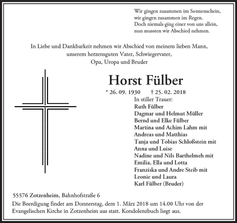 Traueranzeige für Horst Fülber vom 27.02.2018 aus Trauerportal Rhein Main Presse