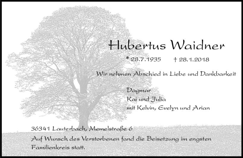  Traueranzeige für Hubertus Waidner vom 10.02.2018 aus VRM Trauer