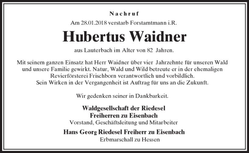  Traueranzeige für Hubertus Waidner vom 14.02.2018 aus VRM Trauer