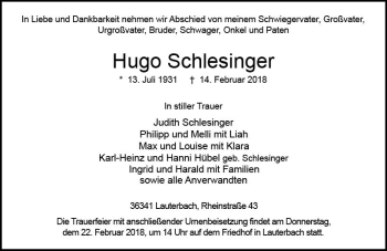 Traueranzeige von Hugo Schlesinger von VRM Trauer