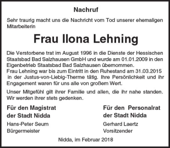 Traueranzeige von Ilona Lehning von  Kreisanzeiger