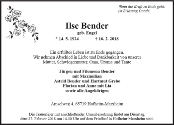 Traueranzeige von Ilse Bender von Trauerportal Rhein Main Presse
