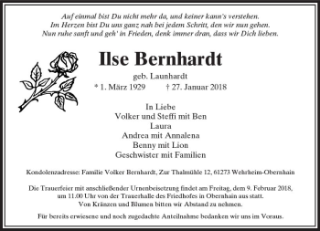 Traueranzeige von Ilse Bernhardt von  Usinger Anzeiger