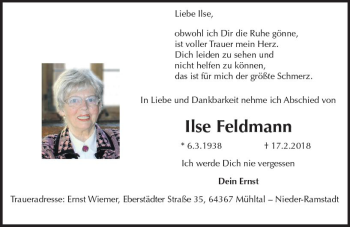 Traueranzeige von Ilse Feldmann von Trauerportal Rhein Main Presse