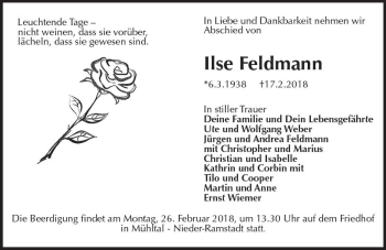 Traueranzeige von Ilse Feldmann von Trauerportal Rhein Main Presse