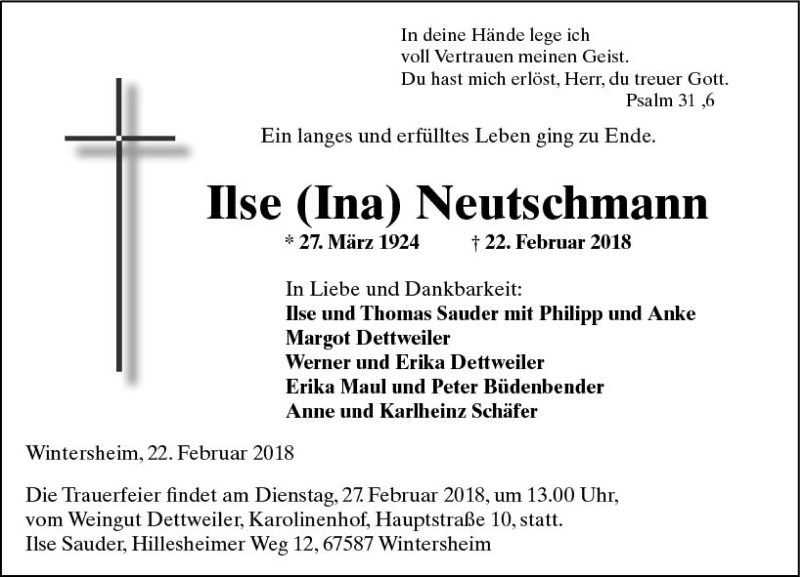  Traueranzeige für Ilse Neutschmann vom 26.02.2018 aus Trauerportal Rhein Main Presse