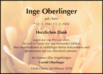 Traueranzeige von Inge Oberlinger von Trauerportal Rhein Main Presse