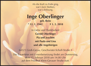Traueranzeige von Inge Oberlinger von Trauerportal Rhein Main Presse