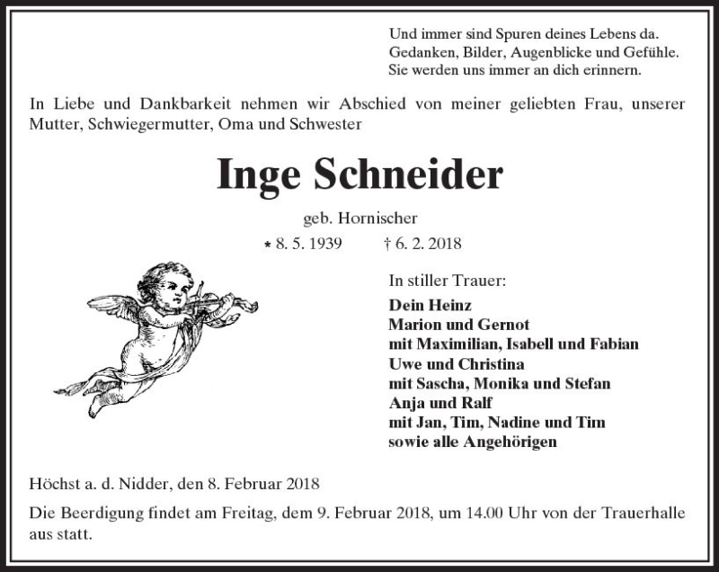  Traueranzeige für Inge Schneider vom 08.02.2018 aus  Kreisanzeiger